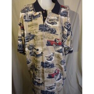 Red Head Polo Style Short Sleeve Shirt-Cotton-1940's Cars & Truck Design-sz L